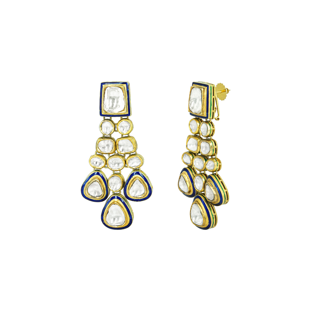 Cascading Polki Earrings with Blue Enamel